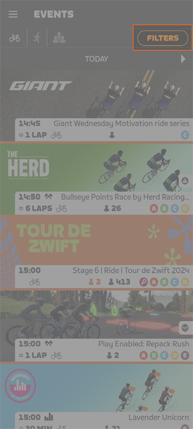 Select Filters Select filters button on Zwift Companion app
